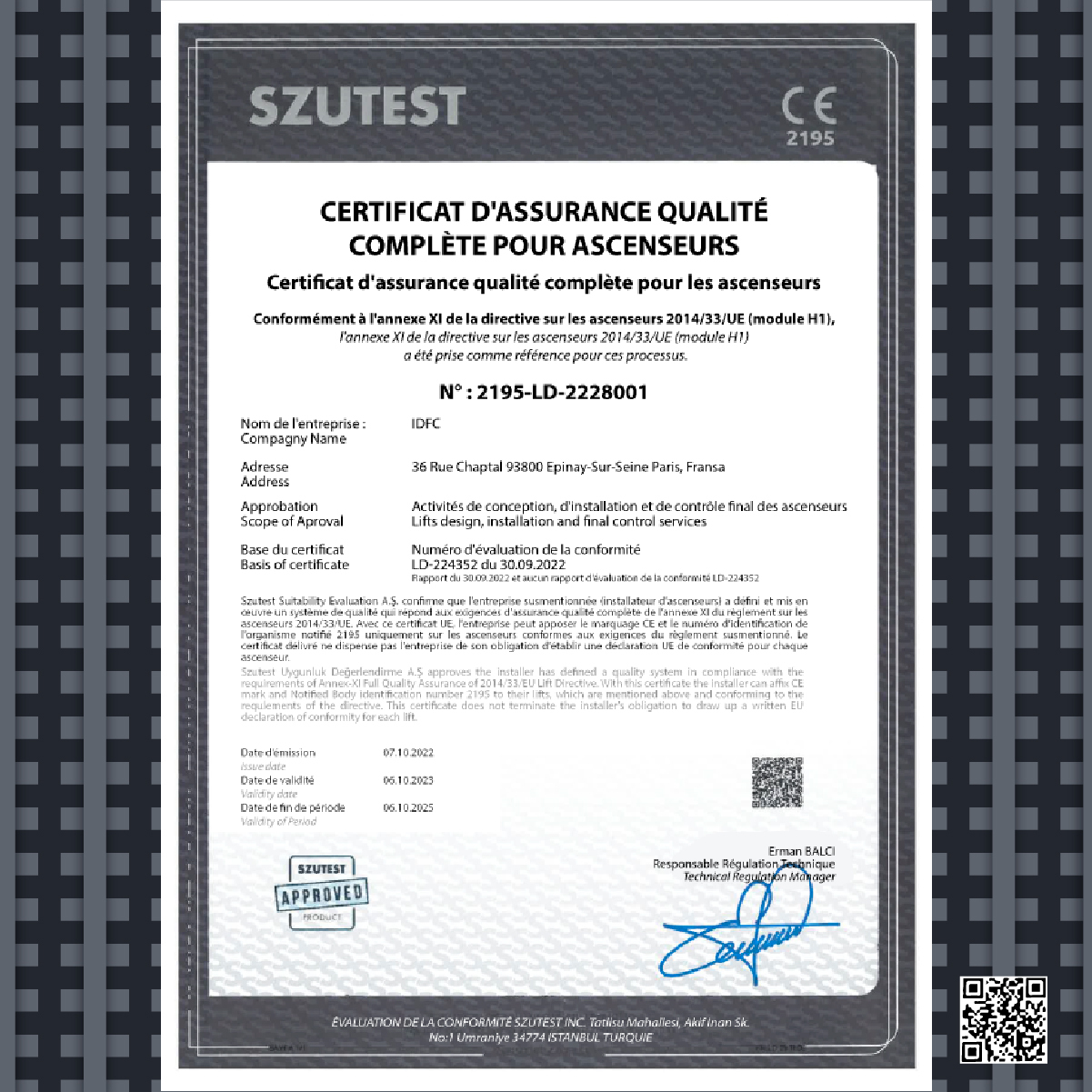 Certificat d'assurance qualité complète pour les ascenseurs Module H